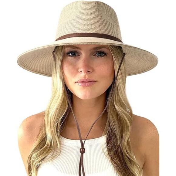 Womens Summer Straw Sun Hats Wide Brim Panama Fedora Beach Hat with Wind Lanyard - Picture 7 of 7